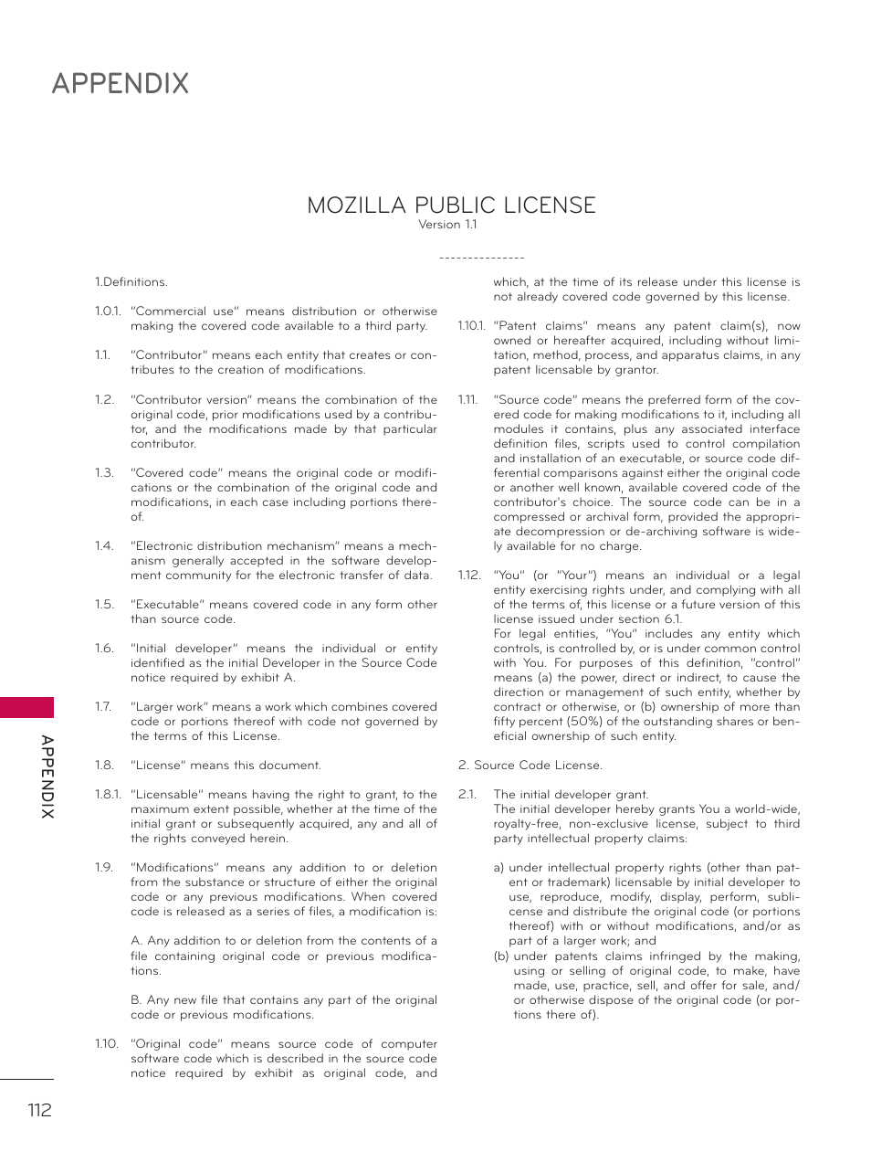 Appendix, Mozilla public license, Ap p en d ix | LG 37LD325H User Manual | Page 112 / 212