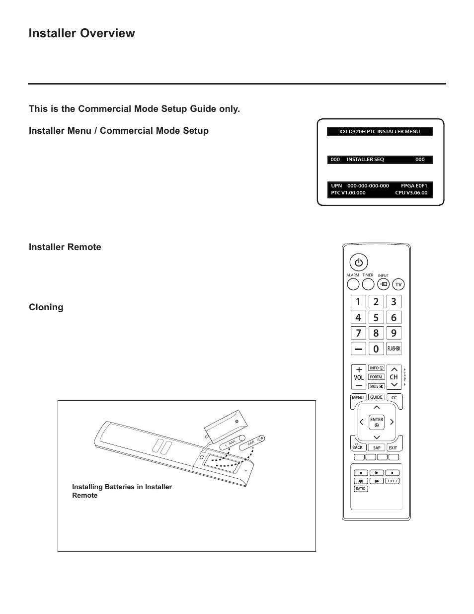 Installer overview, Installer remote, Cloning | LG 37LD325H User Manual | Page 127 / 212