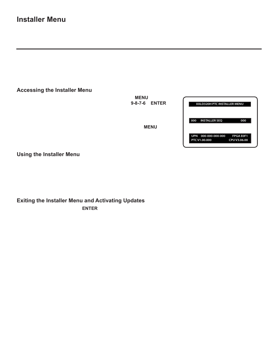 Installer menu, Using the installer menu, Exiting the installer menu and activating updates | LG 37LD325H User Manual | Page 131 / 212