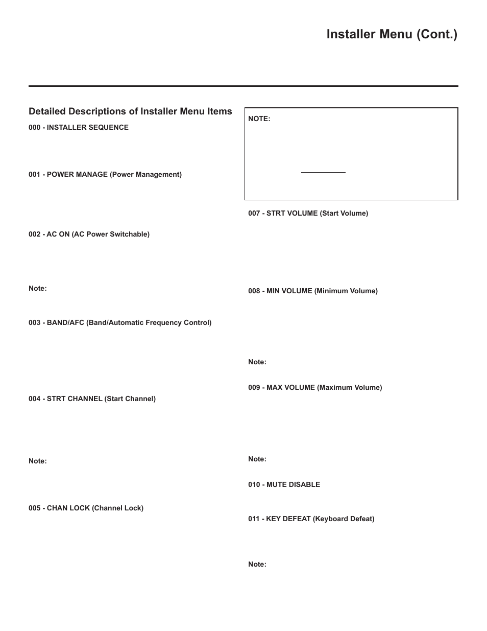 Installer menu (cont.), Detailed descriptions of installer menu items | LG 37LD325H User Manual | Page 134 / 212