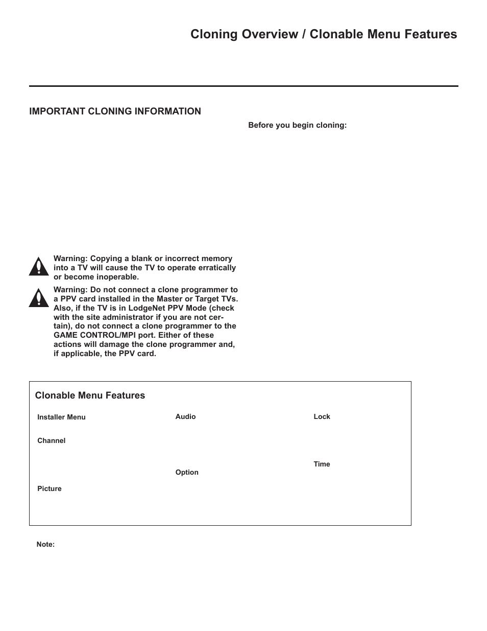 Cloning overview / clonable menu features | LG 37LD325H User Manual | Page 144 / 212