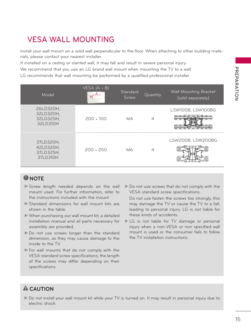 Vesa wall mounting, Caution | LG 37LD325H User Manual | Page 15 / 212