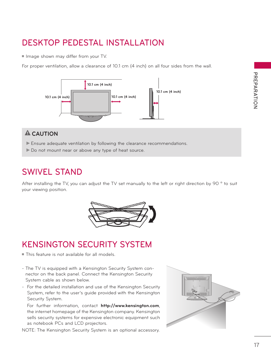 Desktop pedestal installation, Swivel stand, Kensington security system | Desktop pedestal installation swivel stand, Caution | LG 37LD325H User Manual | Page 17 / 212