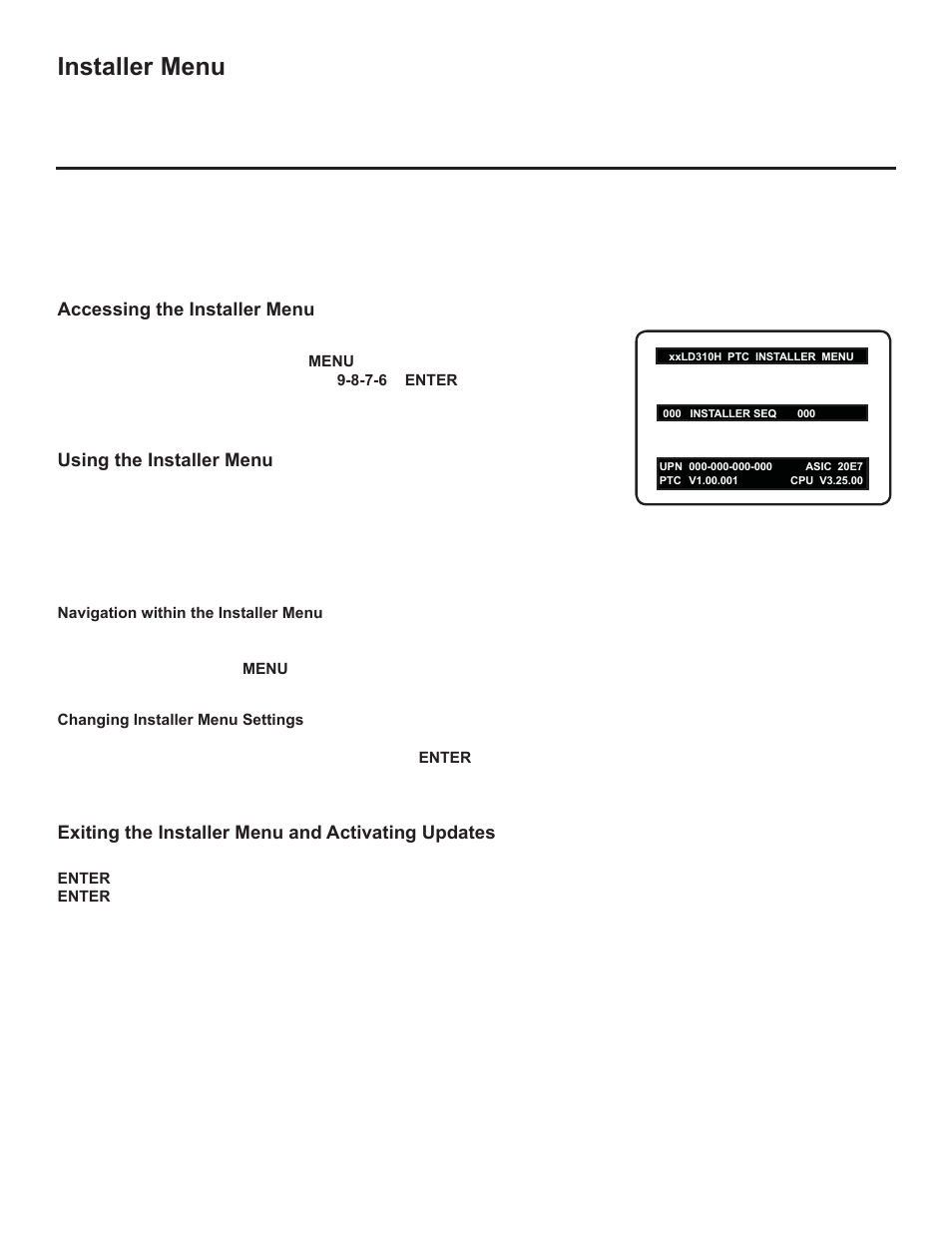 Installer menu, Using the installer menu, Exiting the installer menu and activating updates | LG 37LD325H User Manual | Page 178 / 212