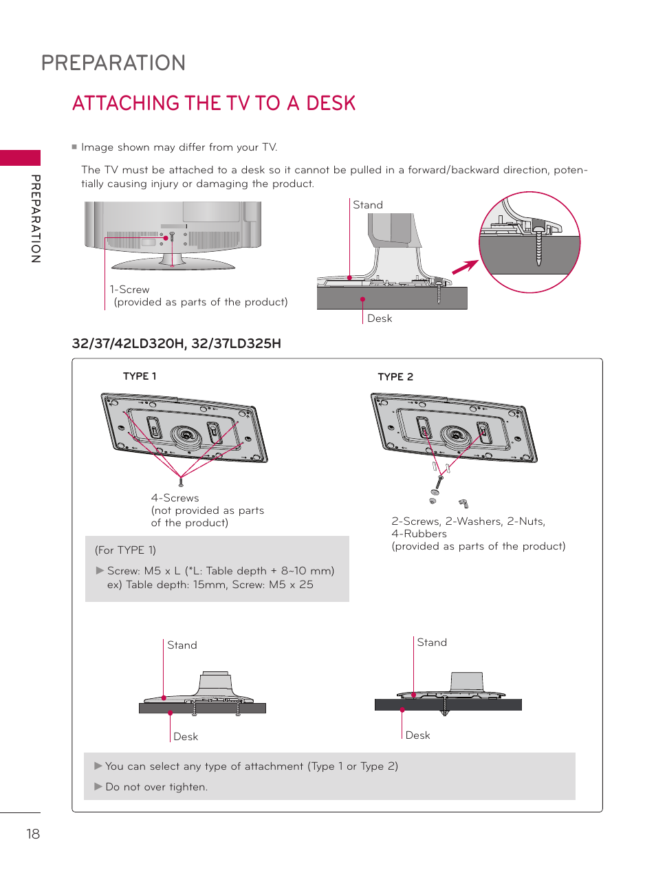 Attaching the tv to a desk, Preparation, Pr ep a r at io n | LG 37LD325H User Manual | Page 18 / 212