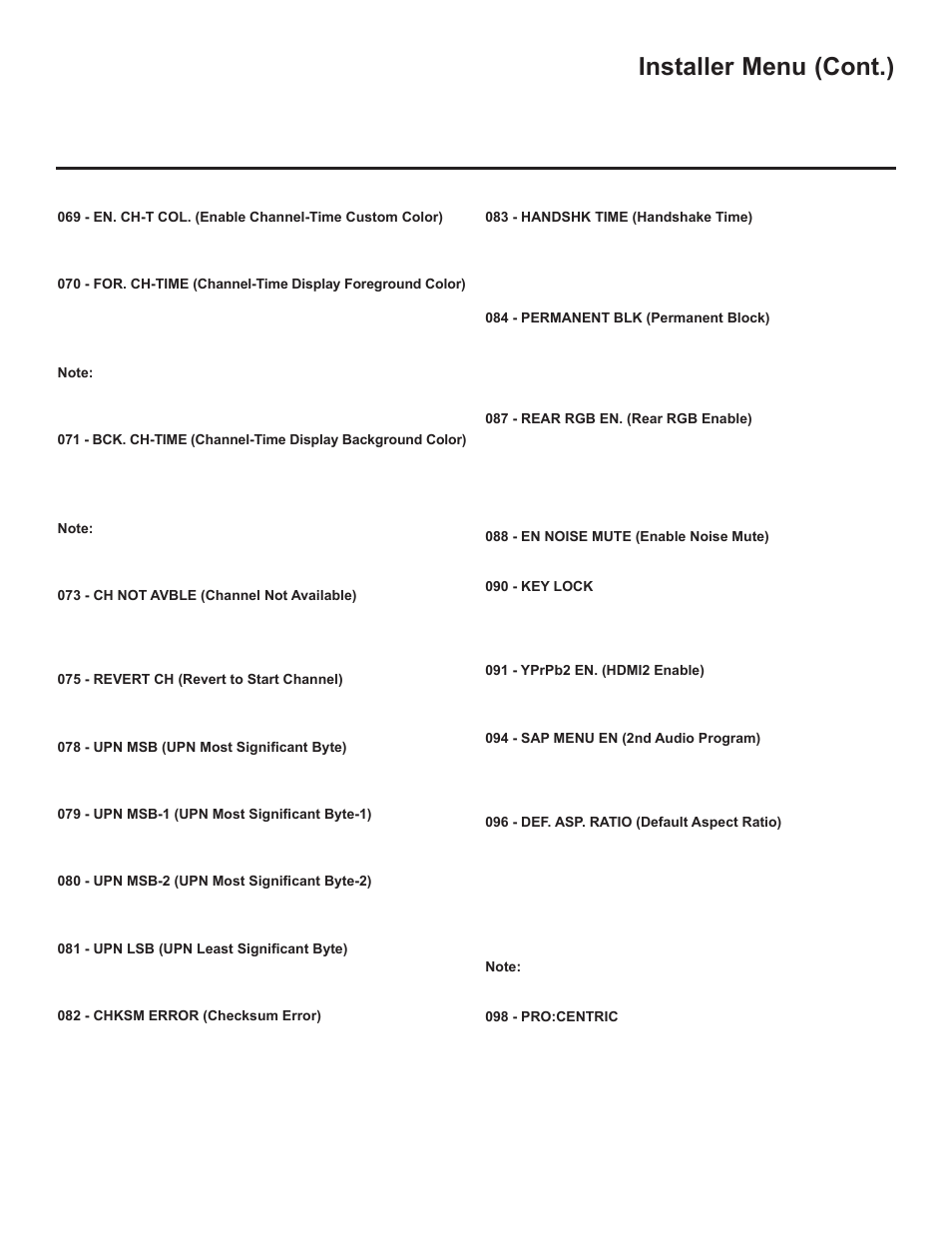 Installer menu (cont.) | LG 37LD325H User Manual | Page 183 / 212