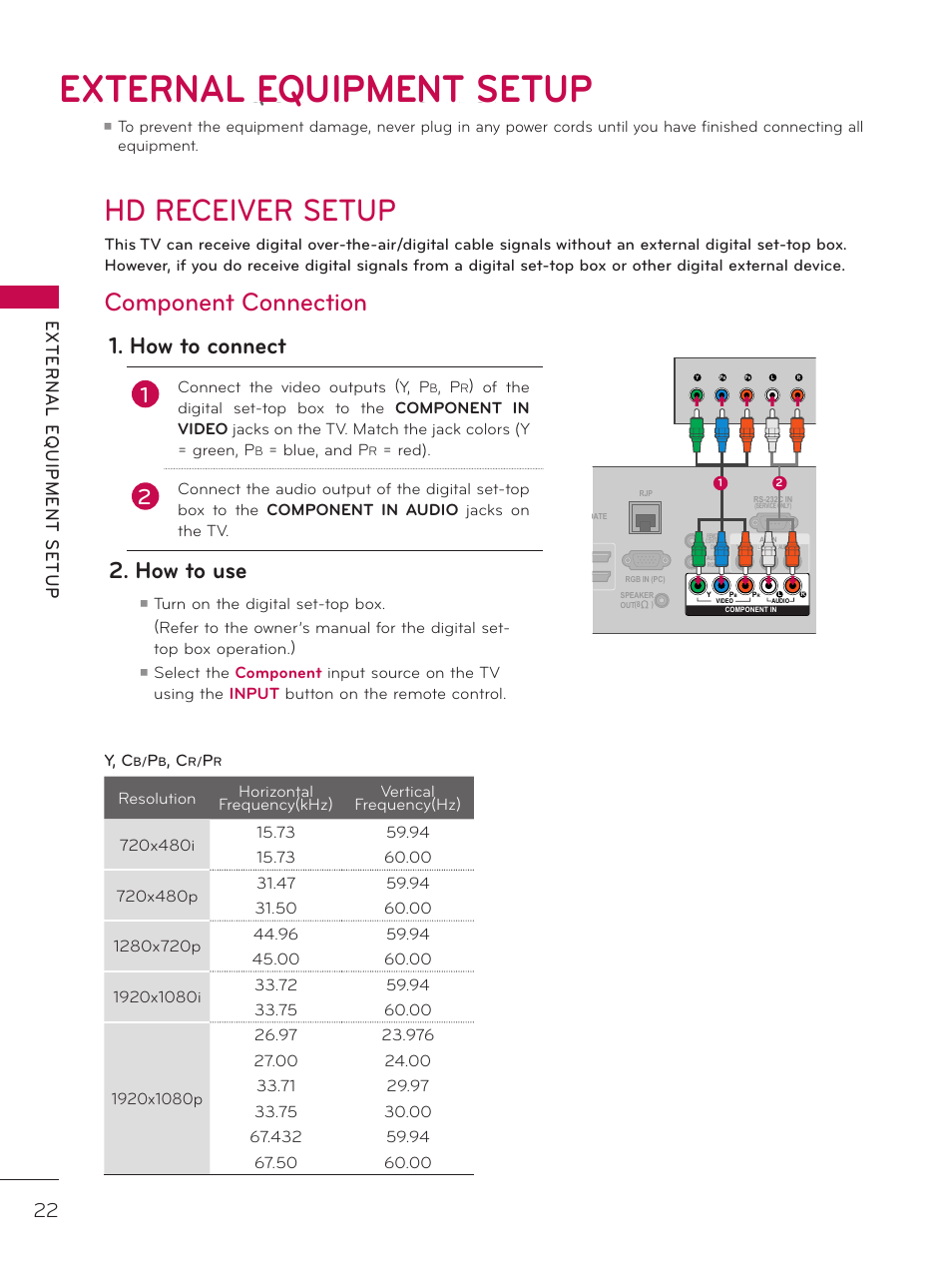 External equipment setup, Hd receiver setup, Component connection | How to connect, How to use, Connect the video outputs (y, p, Blue, and p, Red) | LG 37LD325H User Manual | Page 22 / 212