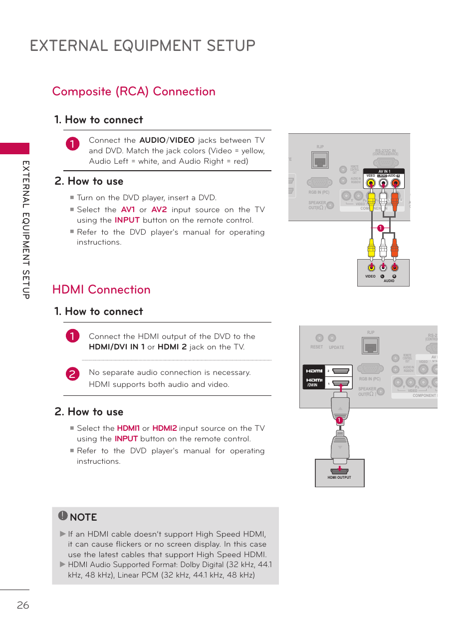 Composite (rca) connection, Hdmi connection, External equipment setup | How to connect, How to use, Turn on the dvd player, insert a dvd | LG 37LD325H User Manual | Page 26 / 212