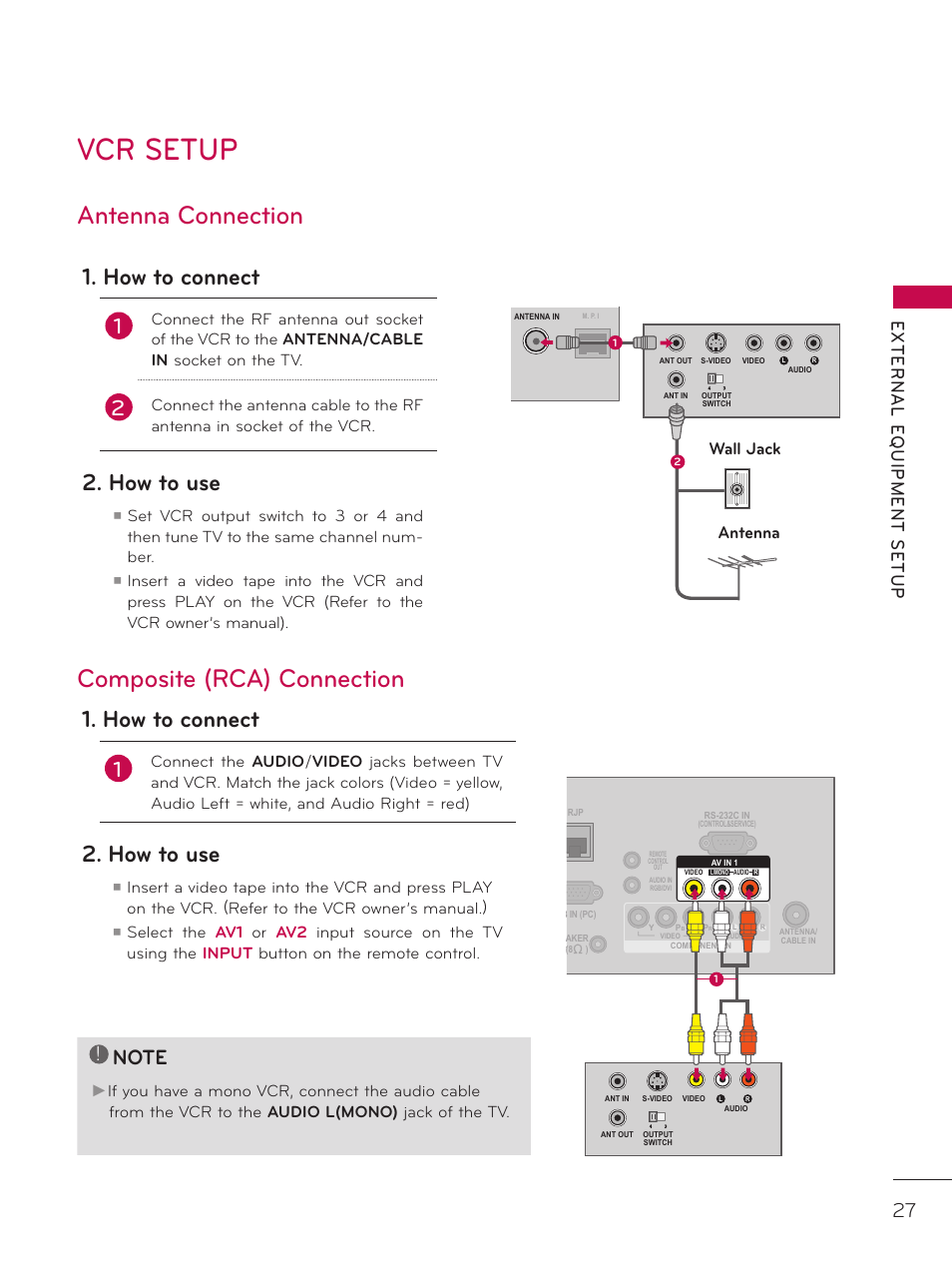 Vcr setup, Antenna connection, Composite (rca) connection | How to connect, How to use, Wall jack antenna | LG 37LD325H User Manual | Page 27 / 212