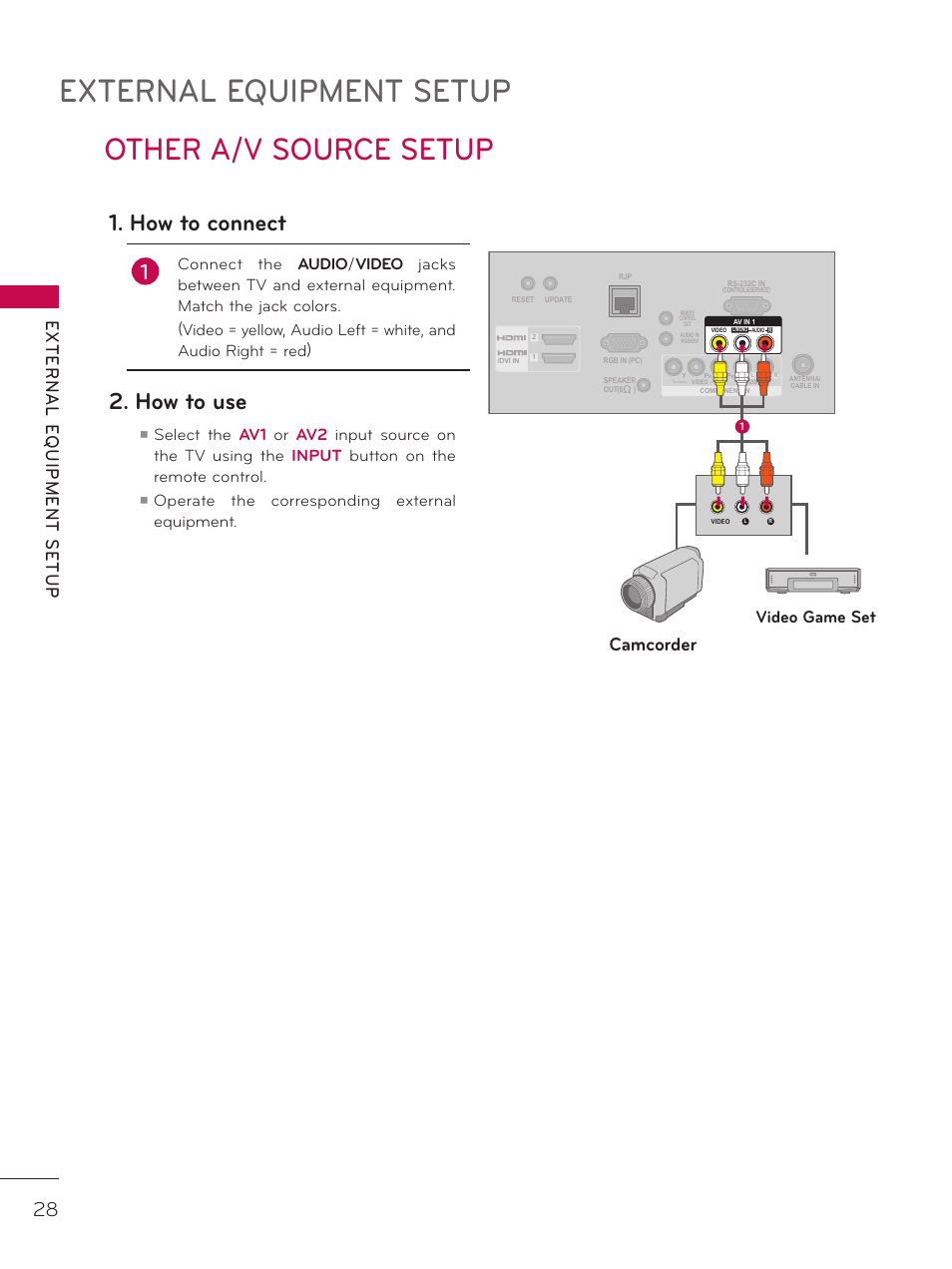 Other a/v source setup, External equipment setup, How to connect | How to use, Camcorder, Video game set | LG 37LD325H User Manual | Page 28 / 212