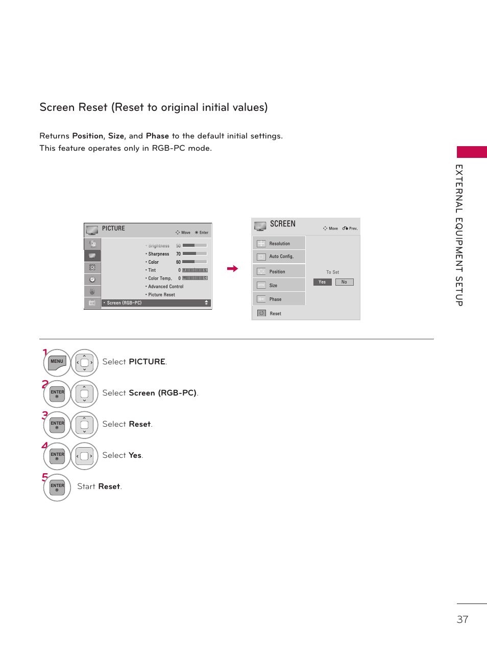 Screen reset (reset to original initial values) 1 | LG 37LD325H User Manual | Page 37 / 212