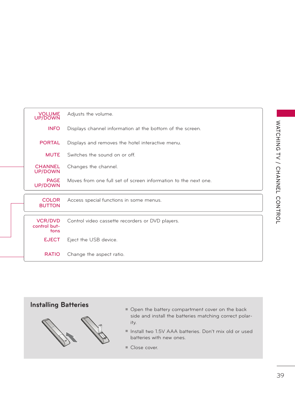 Installing batteries | LG 37LD325H User Manual | Page 39 / 212