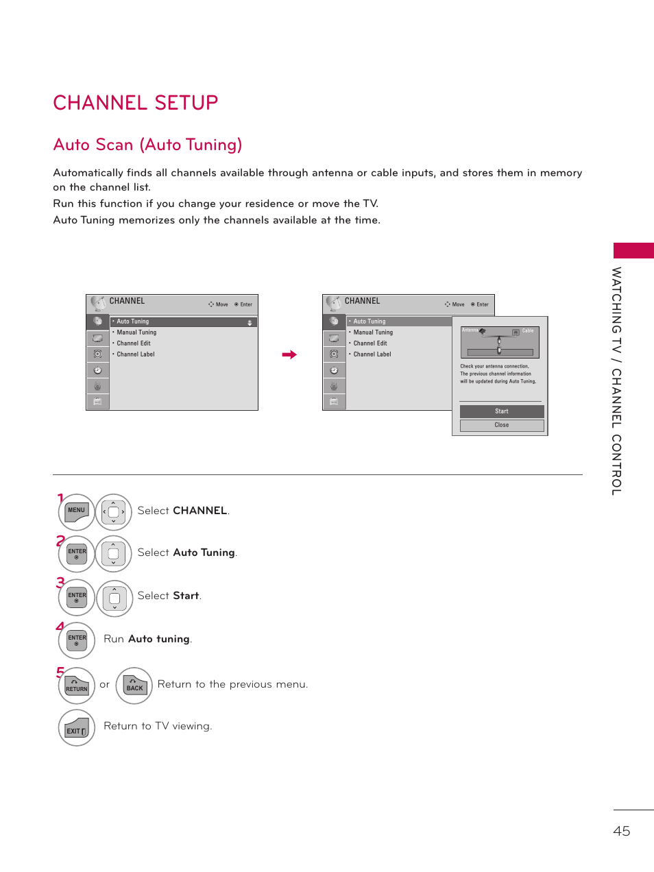 Channel setup, Auto scan (auto tuning) | LG 37LD325H User Manual | Page 45 / 212