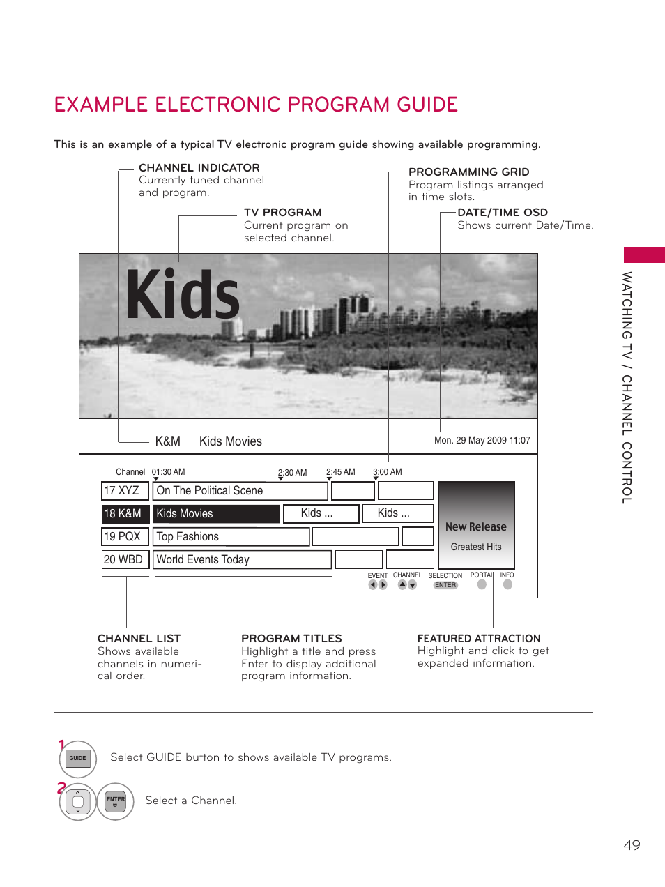 Example electronic program guide, Kids | LG 37LD325H User Manual | Page 49 / 212