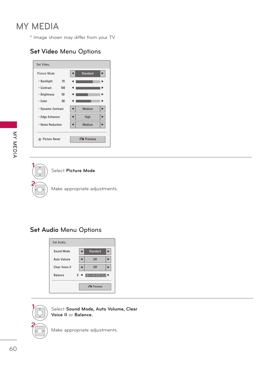 My media, Set video menu options set audio menu options, My m ed ia | LG 37LD325H User Manual | Page 60 / 212