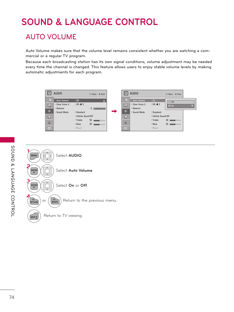 Sound & language control, Auto volume | LG 37LD325H User Manual | Page 74 / 212