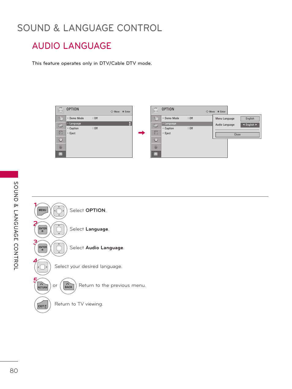 Audio language, Sound & language control | LG 37LD325H User Manual | Page 80 / 212