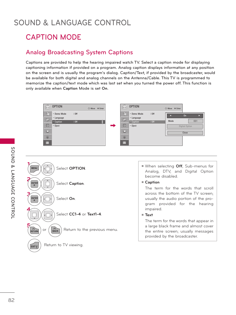 Caption mode, Analog broadcasting system captions, Sound & language control | LG 37LD325H User Manual | Page 82 / 212