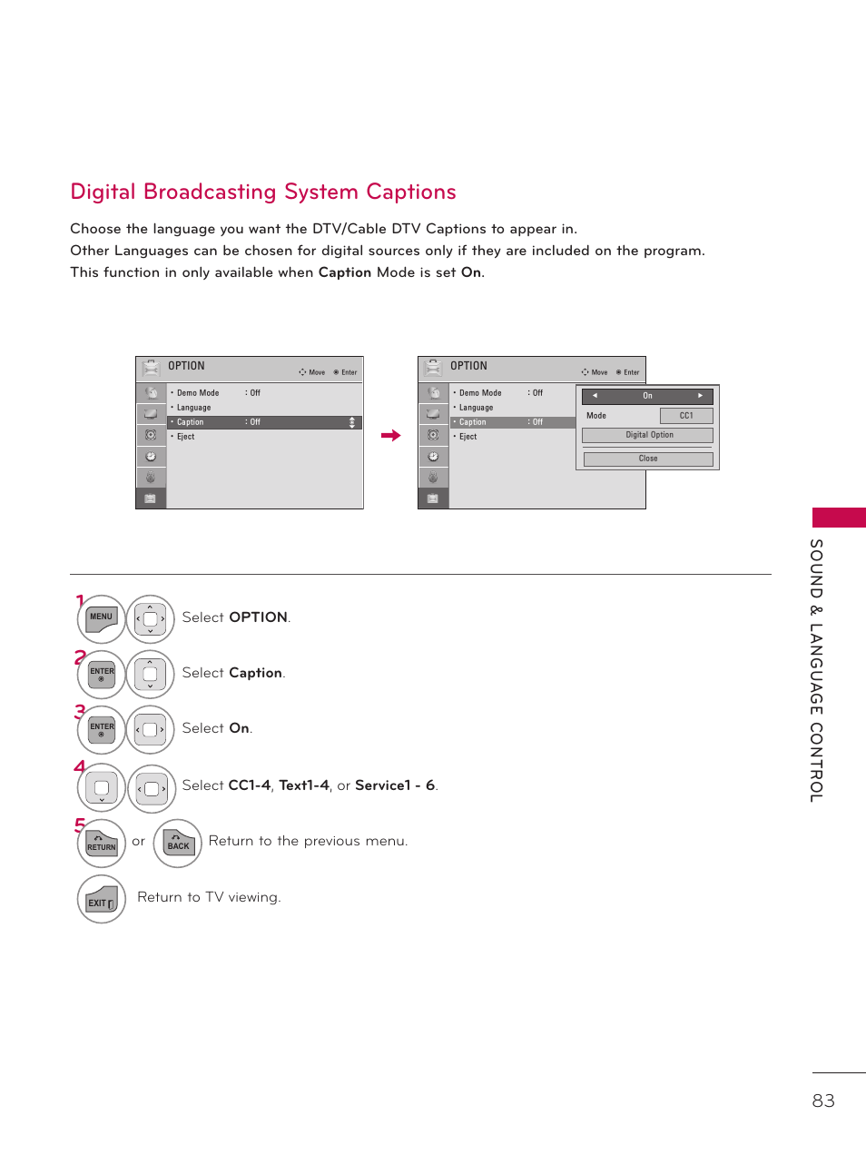 Digital broadcasting system captions | LG 37LD325H User Manual | Page 83 / 212