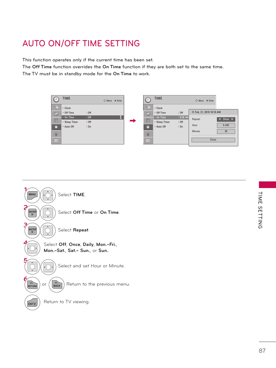 Auto on/off time setting, Tim e s et tin g | LG 37LD325H User Manual | Page 87 / 212