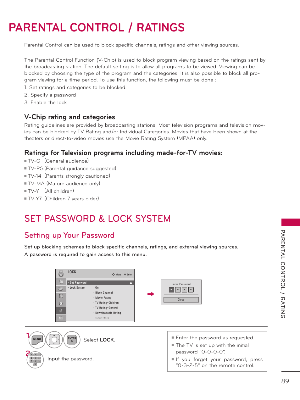 Parental control / ratings, Set password & lock system, Setting up your password | V-chip rating and categories | LG 37LD325H User Manual | Page 89 / 212