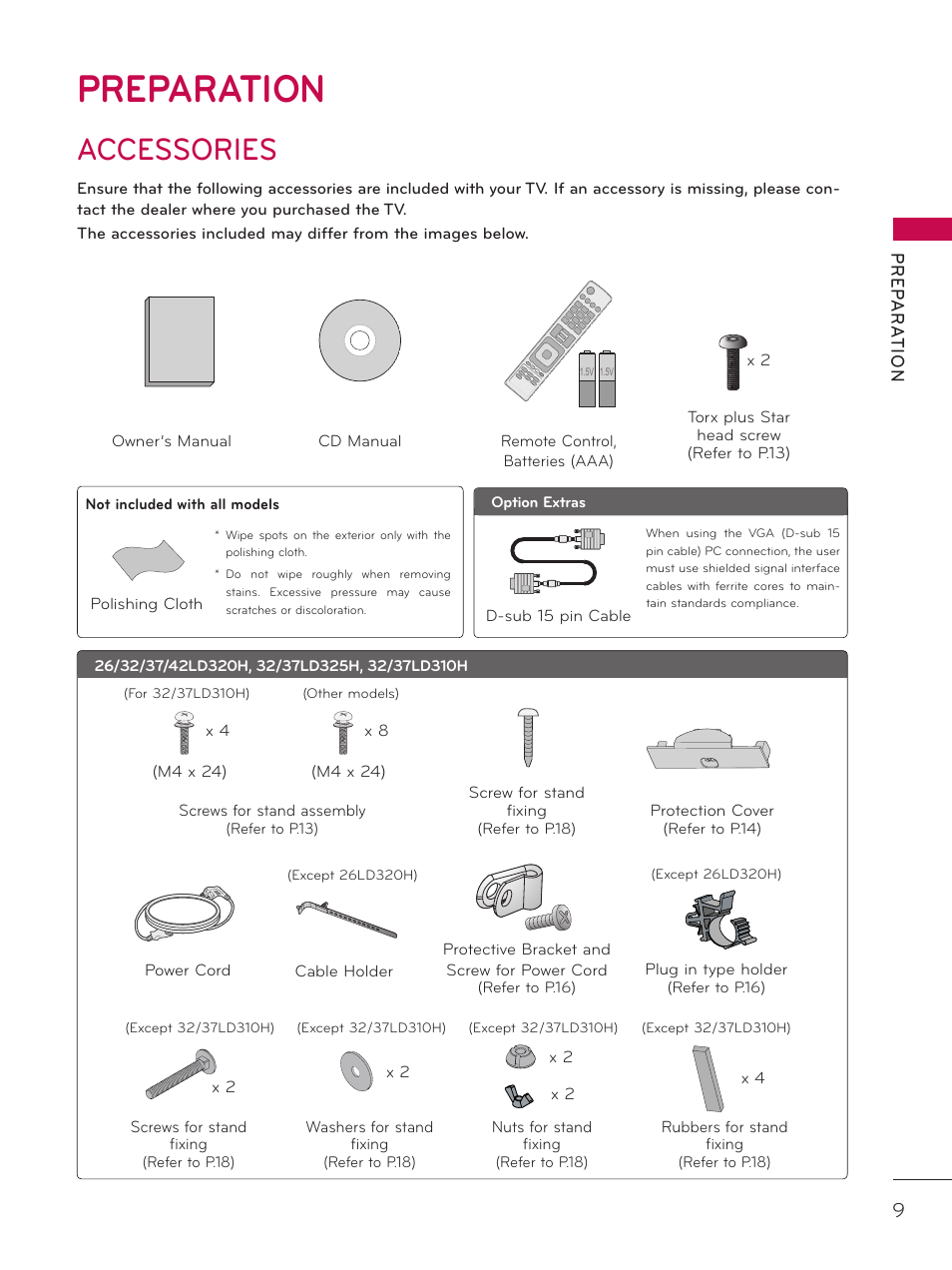 Preparation, Accessories | LG 37LD325H User Manual | Page 9 / 212