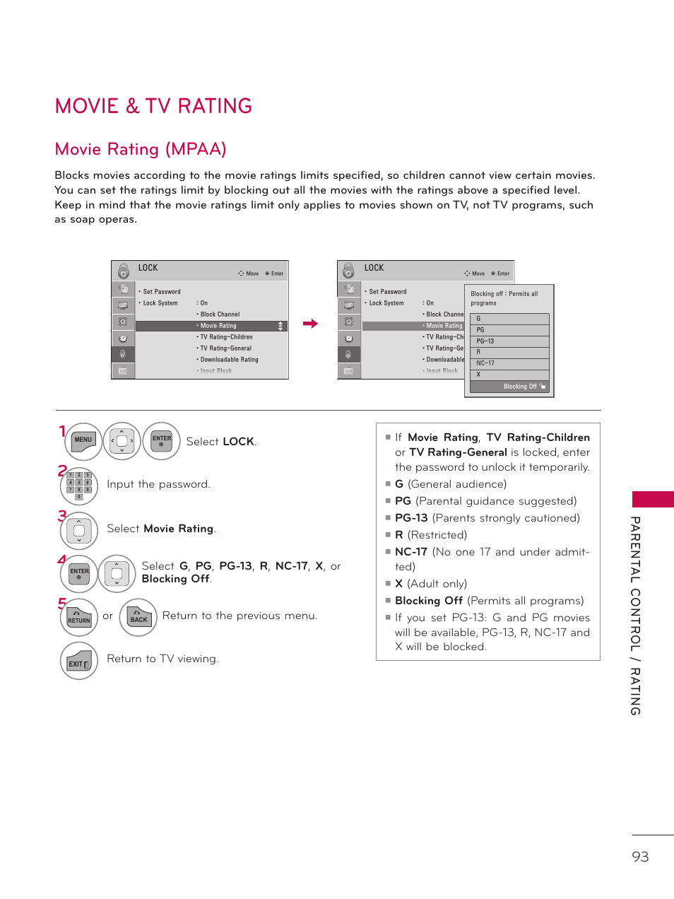 Movie & tv rating, Movie rating (mpaa) | LG 37LD325H User Manual | Page 93 / 212