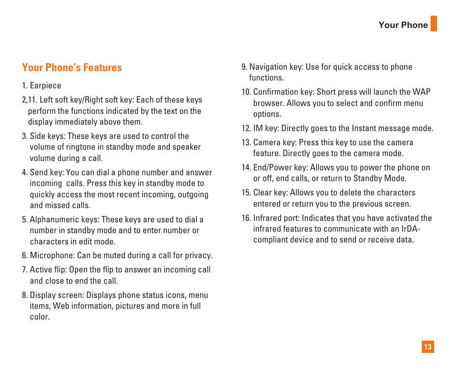 Your phone’s features | LG L1400i User Manual | Page 13 / 102