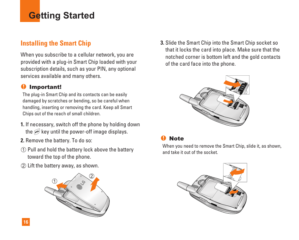 Getting started, Installing the smart chip | LG L1400i User Manual | Page 16 / 102