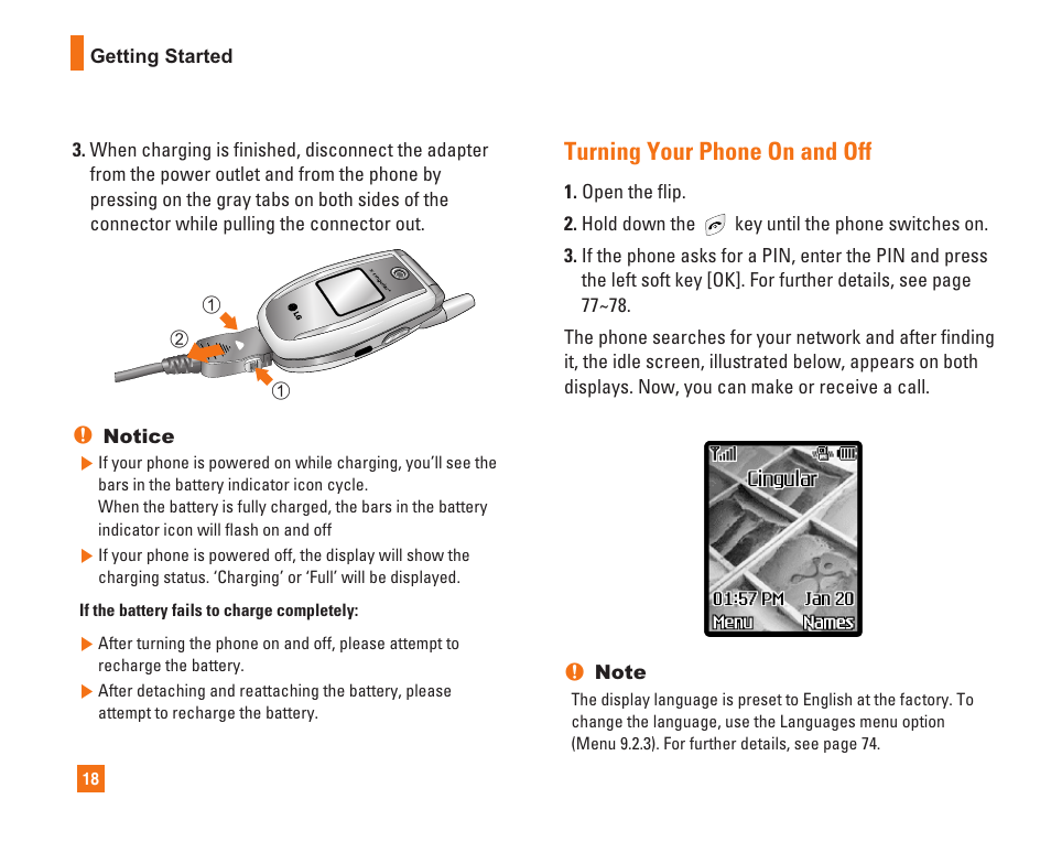 Turning your phone on and off | LG L1400i User Manual | Page 18 / 102
