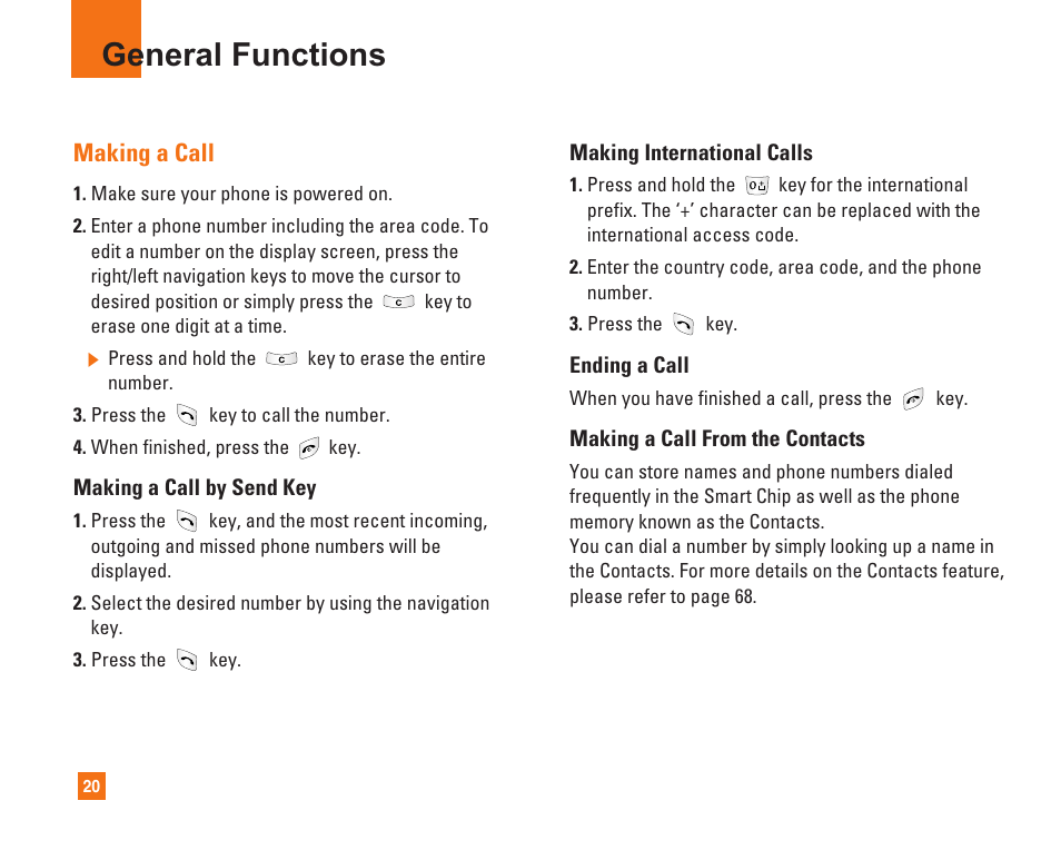 General functions, Making a call | LG L1400i User Manual | Page 20 / 102