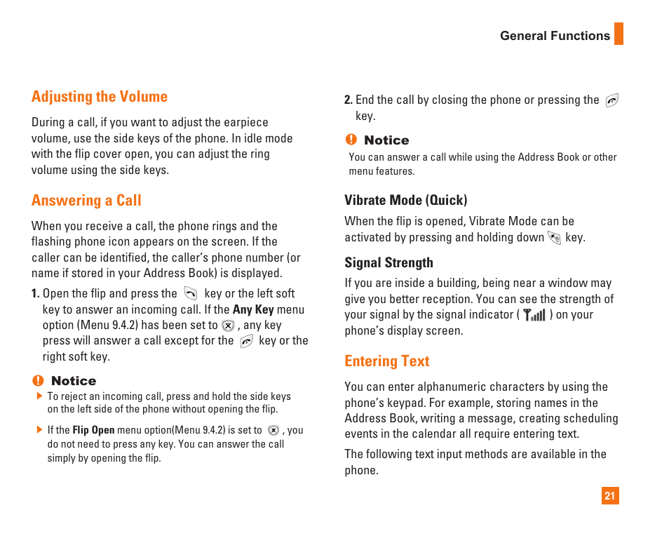 Adjusting the volume, Answering a call, Entering text | LG L1400i User Manual | Page 21 / 102