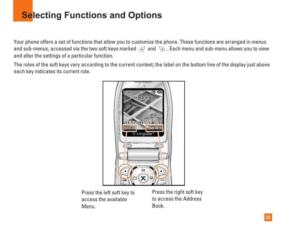 Selecting functions and options | LG L1400i User Manual | Page 25 / 102