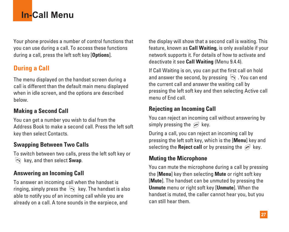 In-call menu, During a call | LG L1400i User Manual | Page 27 / 102