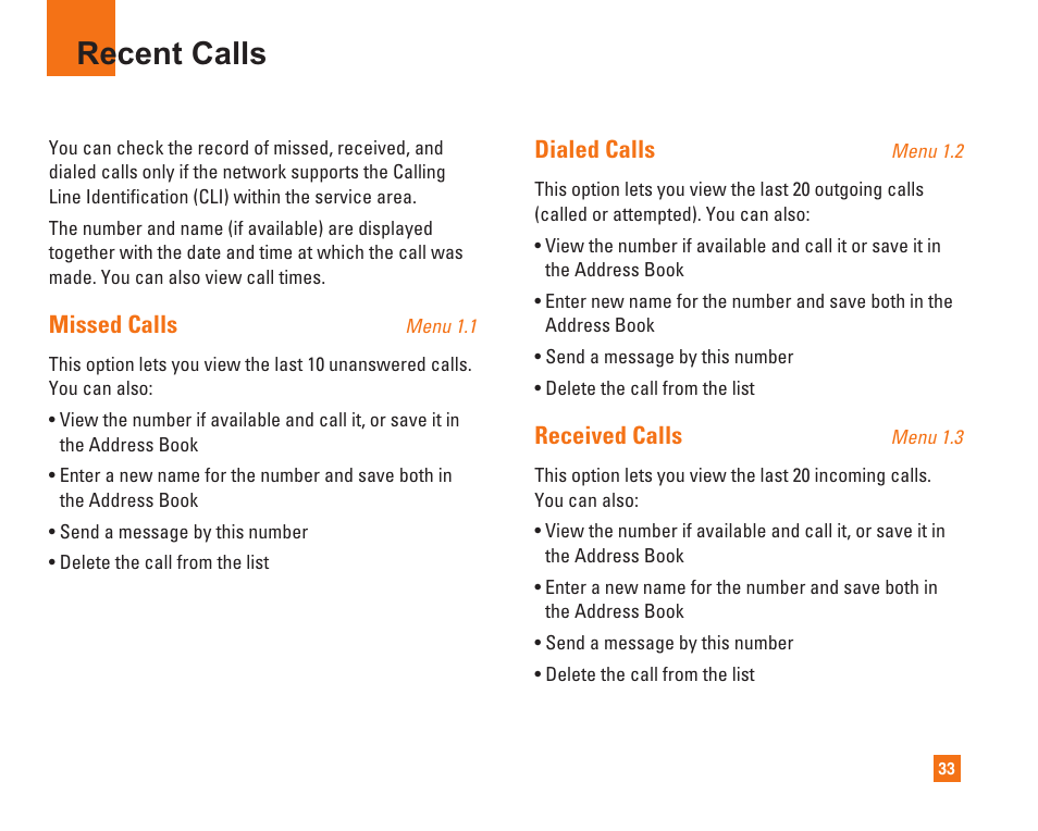 Recent calls, Missed calls, Dialed calls | Received calls | LG L1400i User Manual | Page 33 / 102
