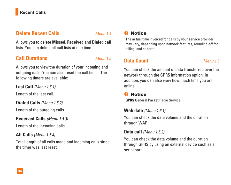 Delete recent calls, Call durations, Data count | LG L1400i User Manual | Page 34 / 102
