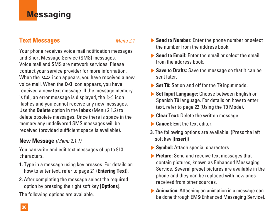 Messaging, Text messages | LG L1400i User Manual | Page 36 / 102