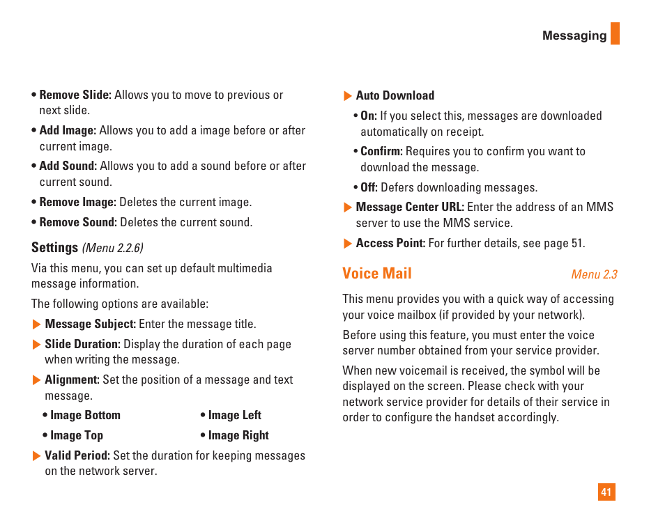 Voice mail | LG L1400i User Manual | Page 41 / 102