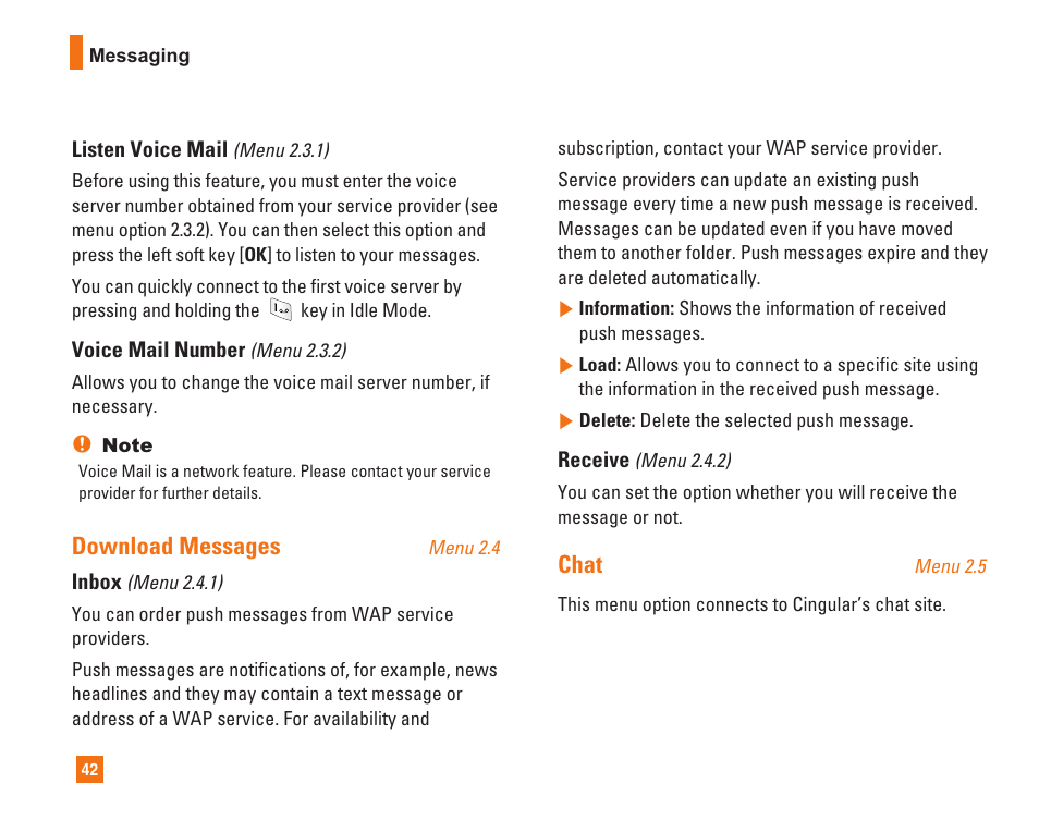Download messages, Chat | LG L1400i User Manual | Page 42 / 102