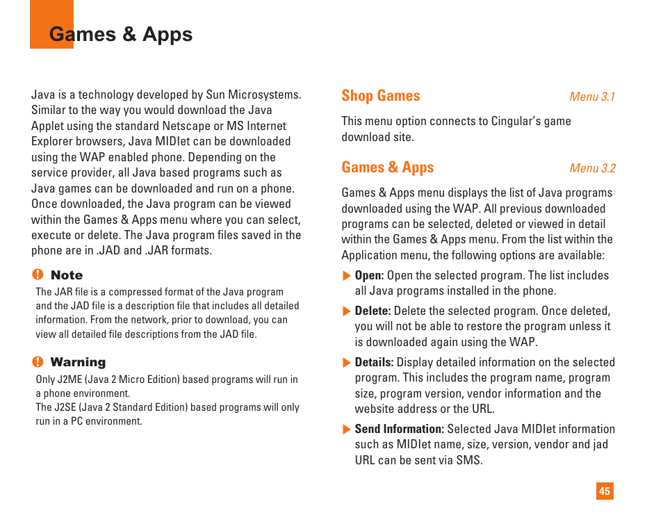 Games & apps, Shop games | LG L1400i User Manual | Page 45 / 102