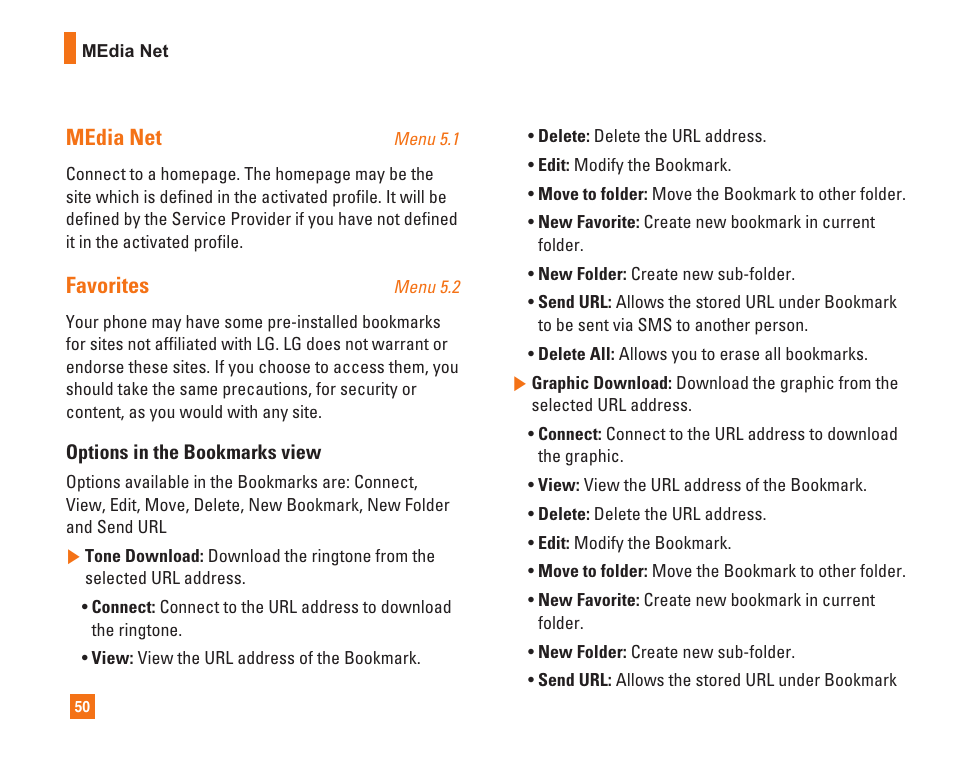 Media net, Favorites | LG L1400i User Manual | Page 50 / 102
