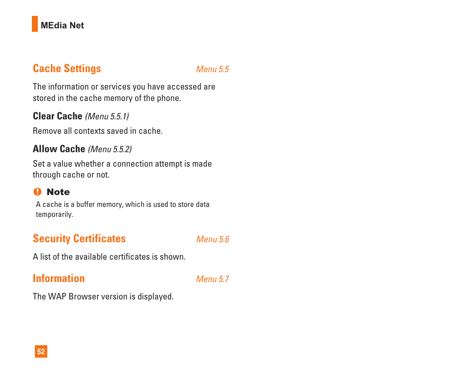 Cache settings, Security certificates, Information | LG L1400i User Manual | Page 52 / 102