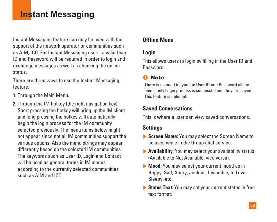 Instant messaging | LG L1400i User Manual | Page 53 / 102