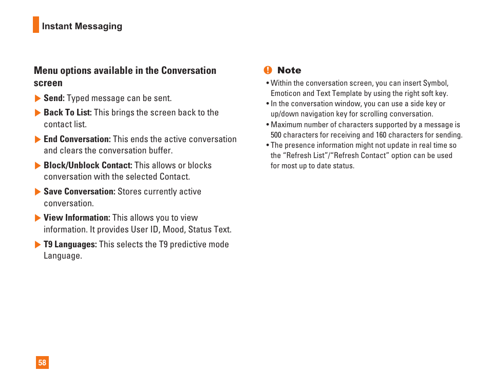 Menu options available in the conversation screen | LG L1400i User Manual | Page 58 / 102