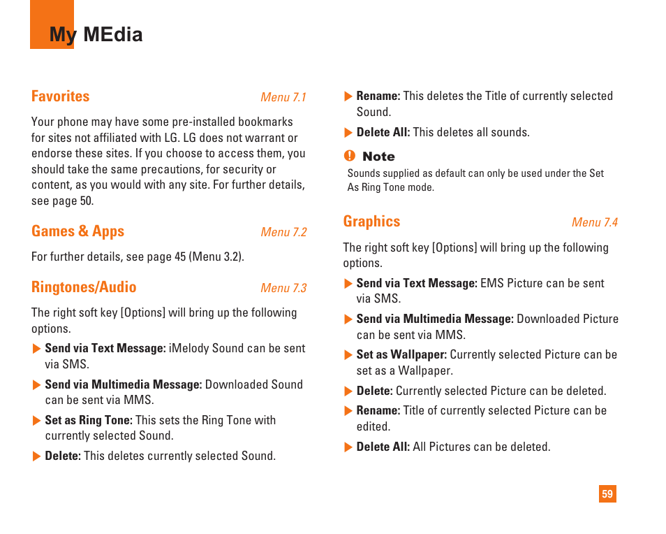 My media, Favorites, Games & apps | Ringtones/audio, Graphics | LG L1400i User Manual | Page 59 / 102