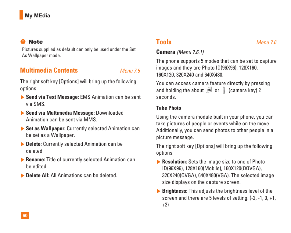 Multimedia contents, Tools | LG L1400i User Manual | Page 60 / 102