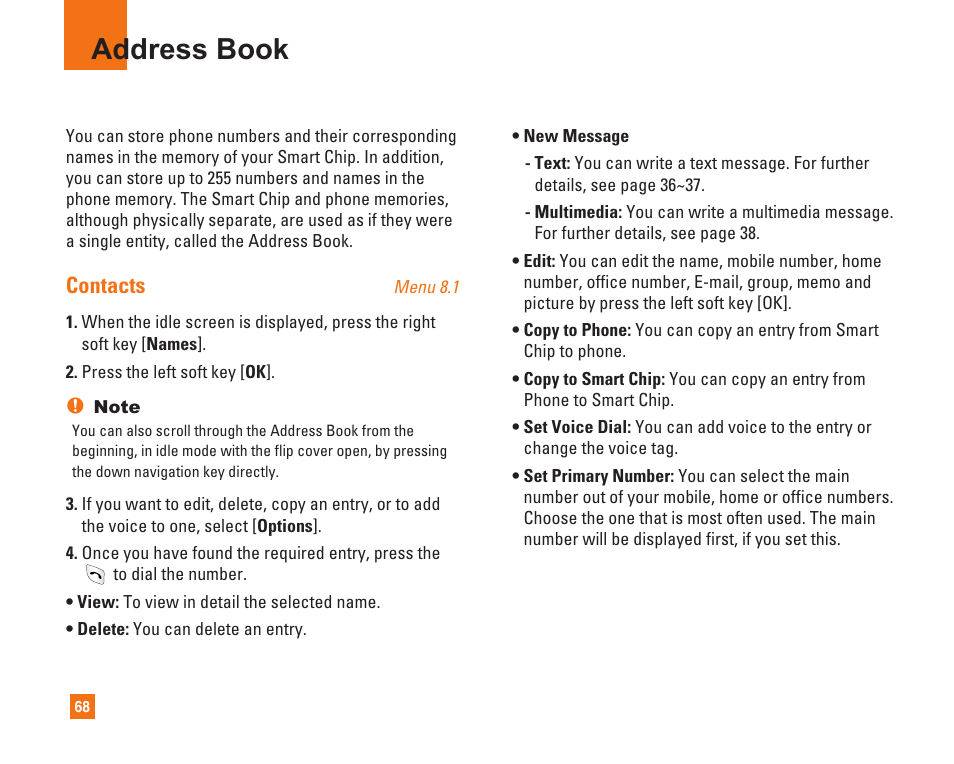 Address book, Contacts | LG L1400i User Manual | Page 68 / 102