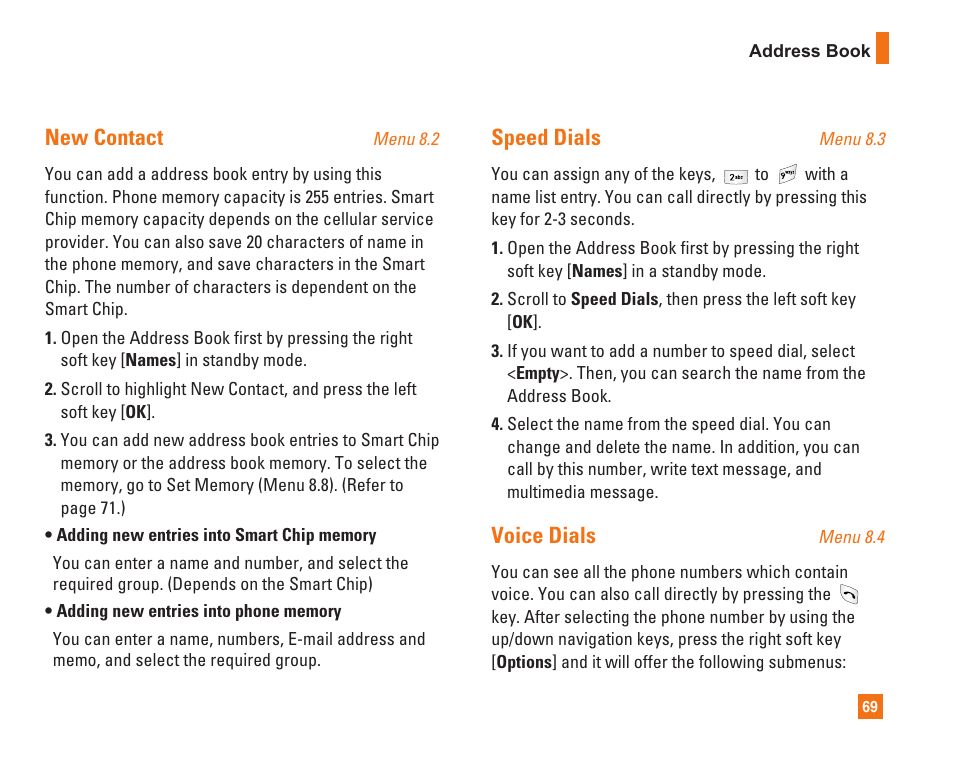 New contact, Speed dials, Voice dials | LG L1400i User Manual | Page 69 / 102