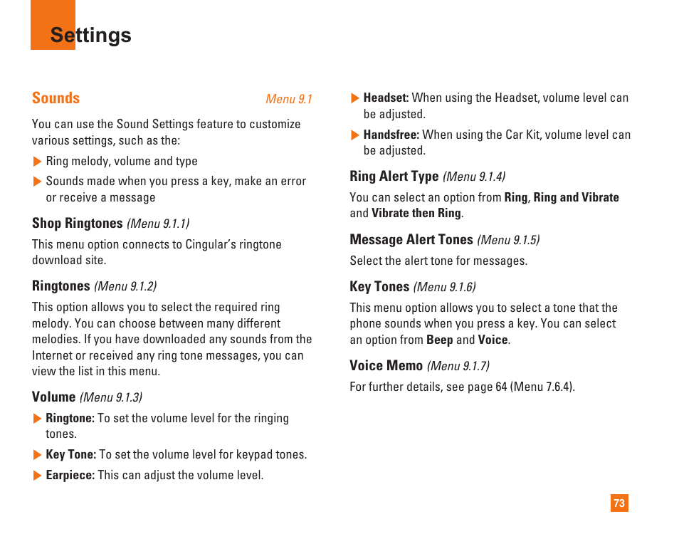 Settings, Sounds | LG L1400i User Manual | Page 73 / 102