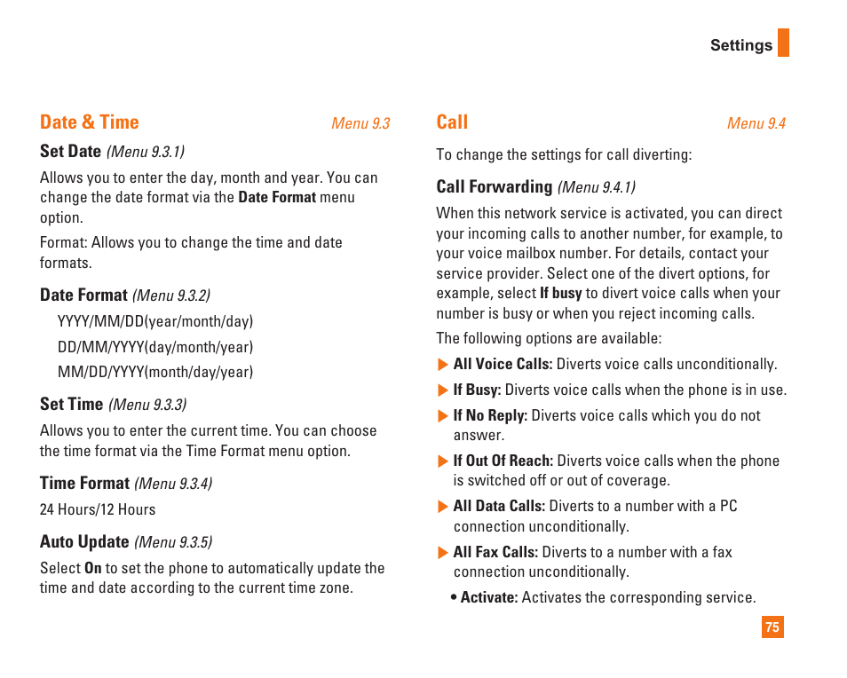 Date & time, Call | LG L1400i User Manual | Page 75 / 102